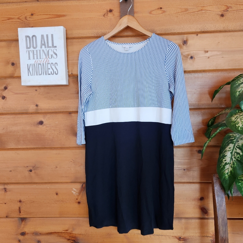 J JILL Stripe Color Block Tunic Dress Shift Blue White Black Stretch Petite Sz S